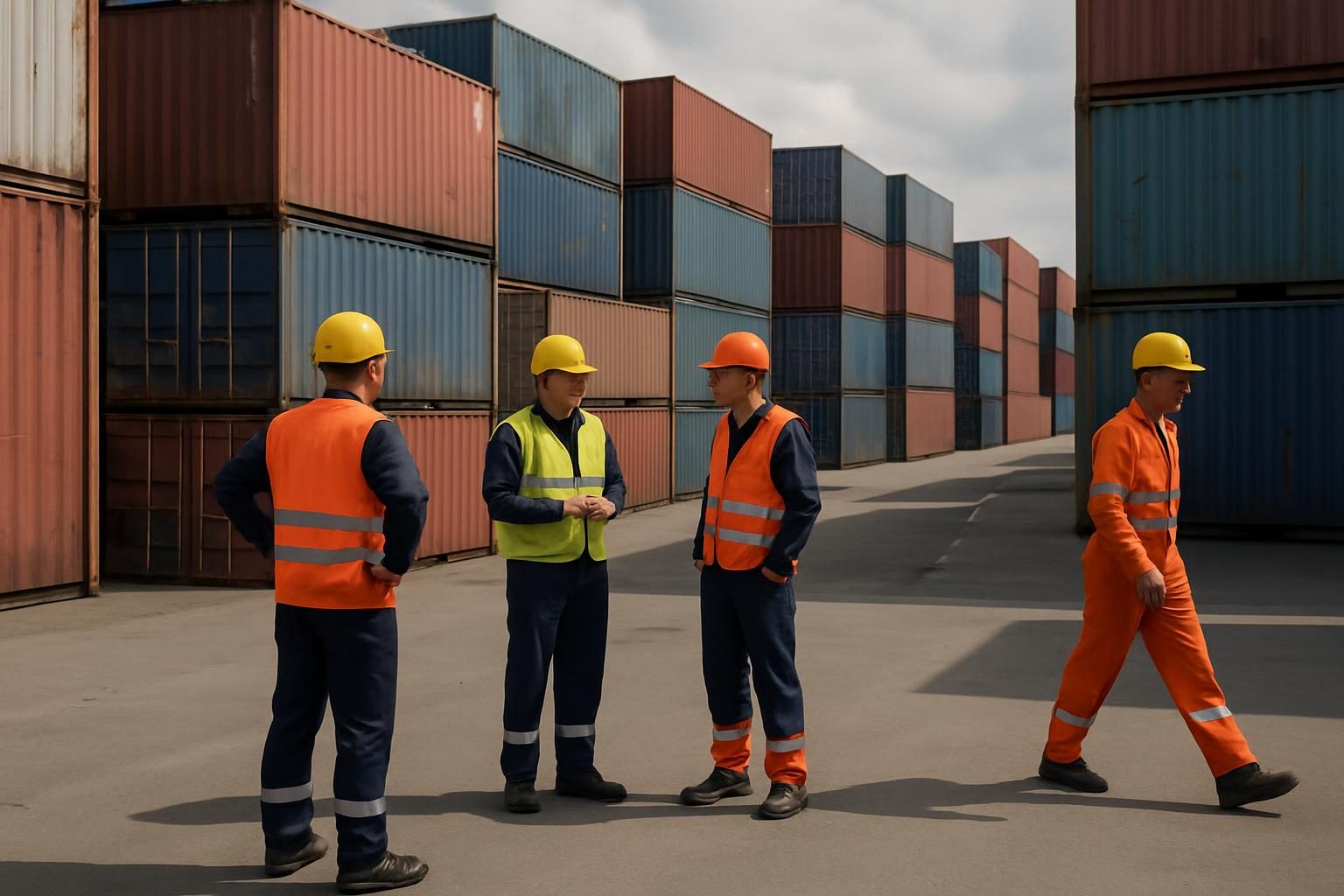 Container depot with containers and workers